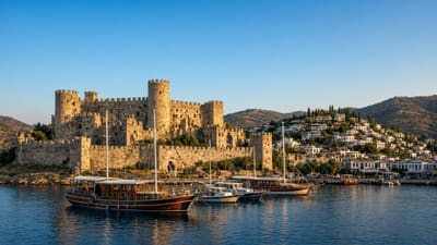 Bodrum Castle and wooden boats in the harbor