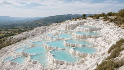 White travertine terraces and turquoise pools at Pamukkale