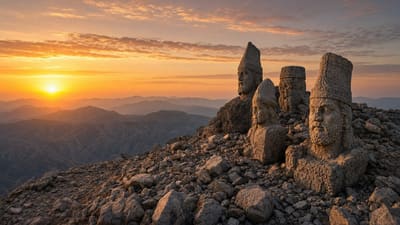 Stone heads of Mount Nemrut at sunrise