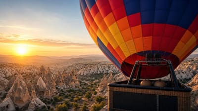 Hot air balloons over the Cappadocia valleys at sunrise